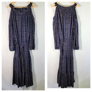 Lauren Ralph Lauren Blue and Tan Geometric Cold Shoulder Tiered Maxi Dress XXL